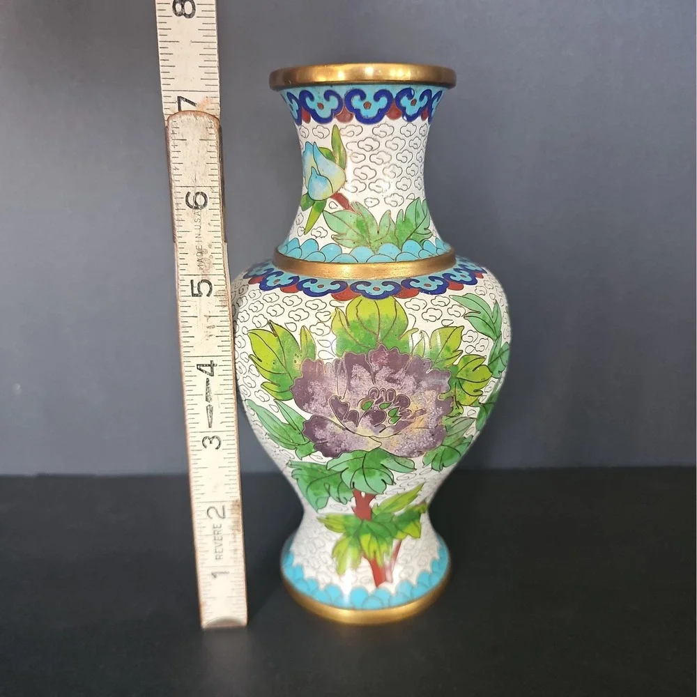 Vintage Cloisonne Flower Floral Enamel Brass Vase 7.5